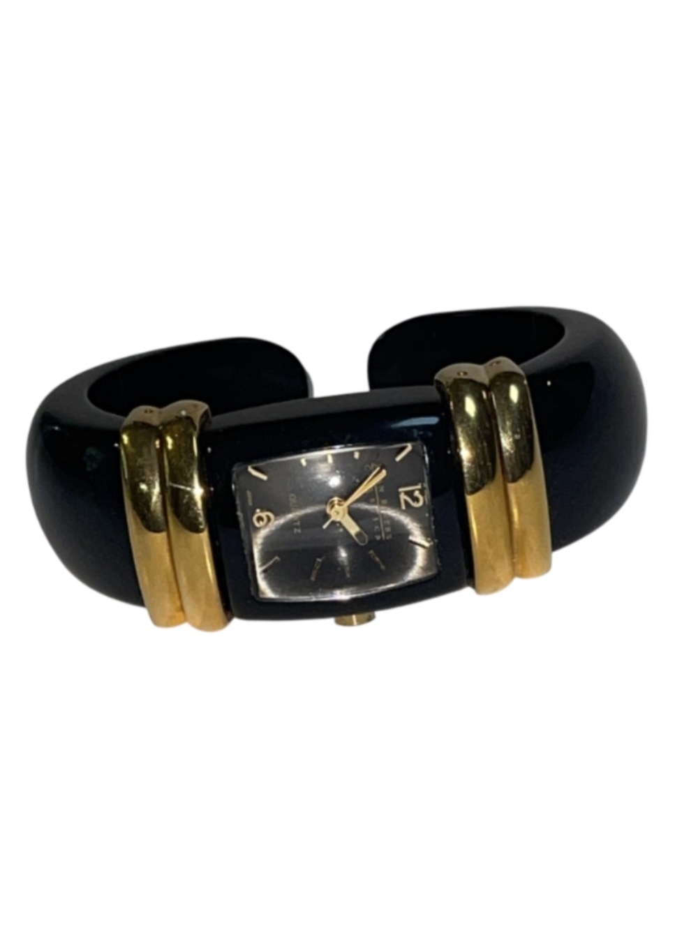 Joan Rivers Classic Black Gold Tone Cuff Band Wristwatch #377 Needs Battery